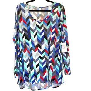 LuLaRoe Lynnae 3XL Long Sleeve Tunic Top High Low Geometric Chevron Color Block